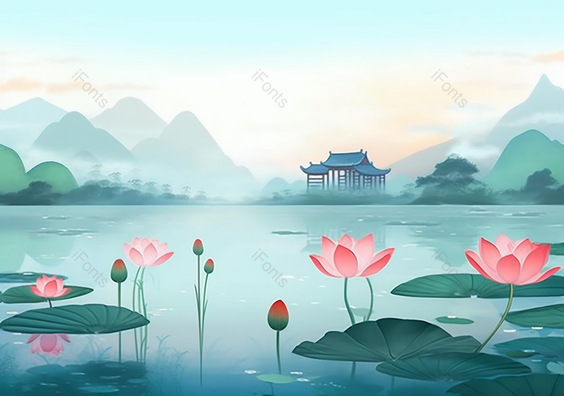 绿色水墨画中国风荷花插画背景,插画/手绘图,插画/手绘图库,插画/手绘图下载,插画/手绘